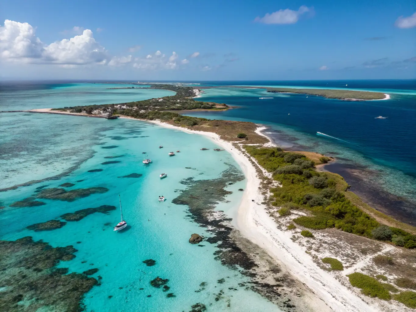 An aerial shot of the Tobago Cays, showcasing the stunning turquoise waters, coral reefs, and small uninhabited islands, perfect for snorkeling and diving.