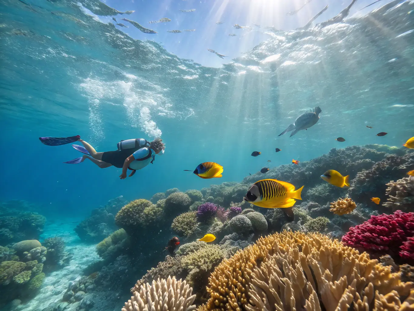 An underwater shot of vibrant coral reefs and colorful fish, with snorkelers exploring the crystal-clear waters of the Grenadines.