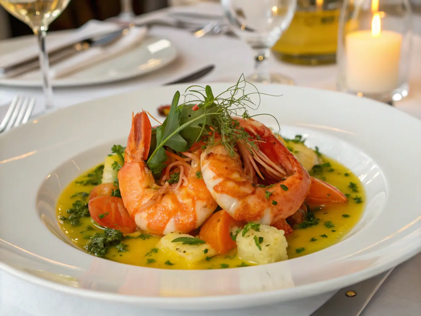 A beautifully plated lobster dish served on the deck of LaGloria at sunset, showcasing the gourmet dining experience available during St. Vincents Catamaran Journeys.